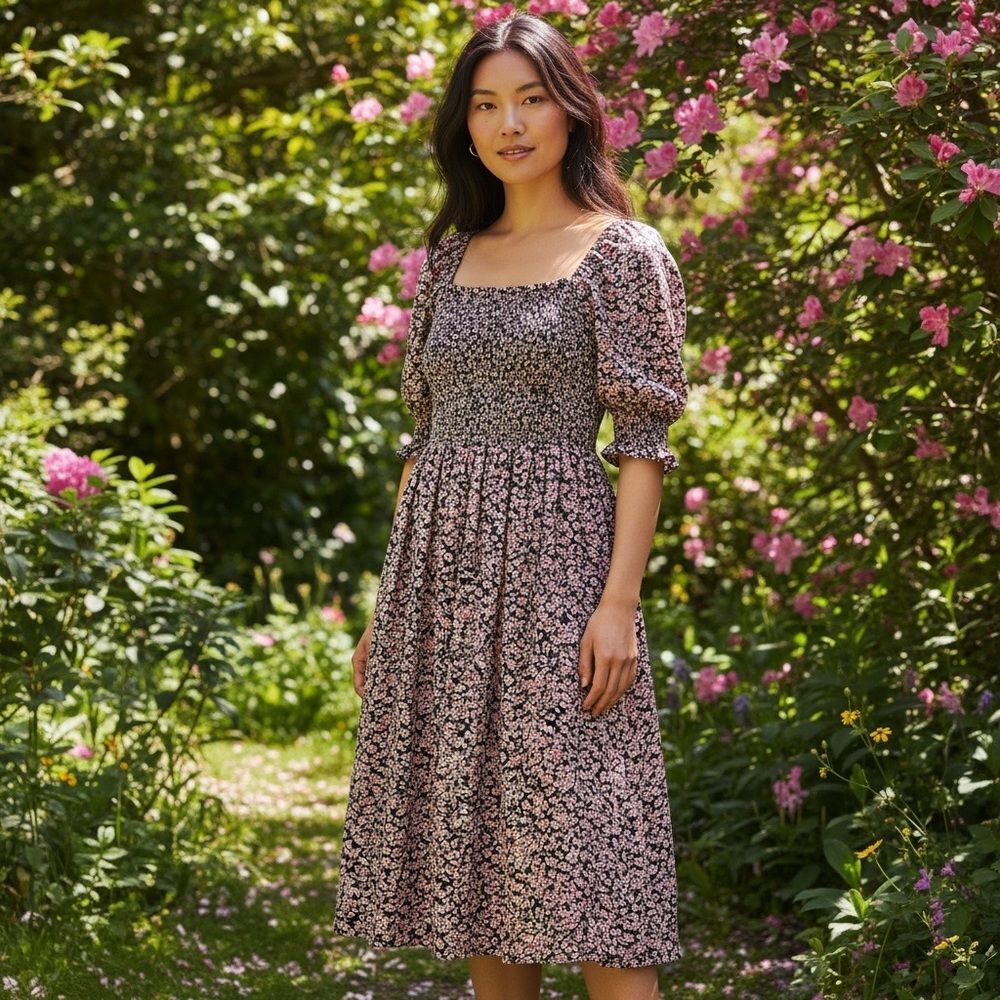 Floral Smocked Midi Dress Womens Small Puff Sleeve Cottagecore Prairie Boho